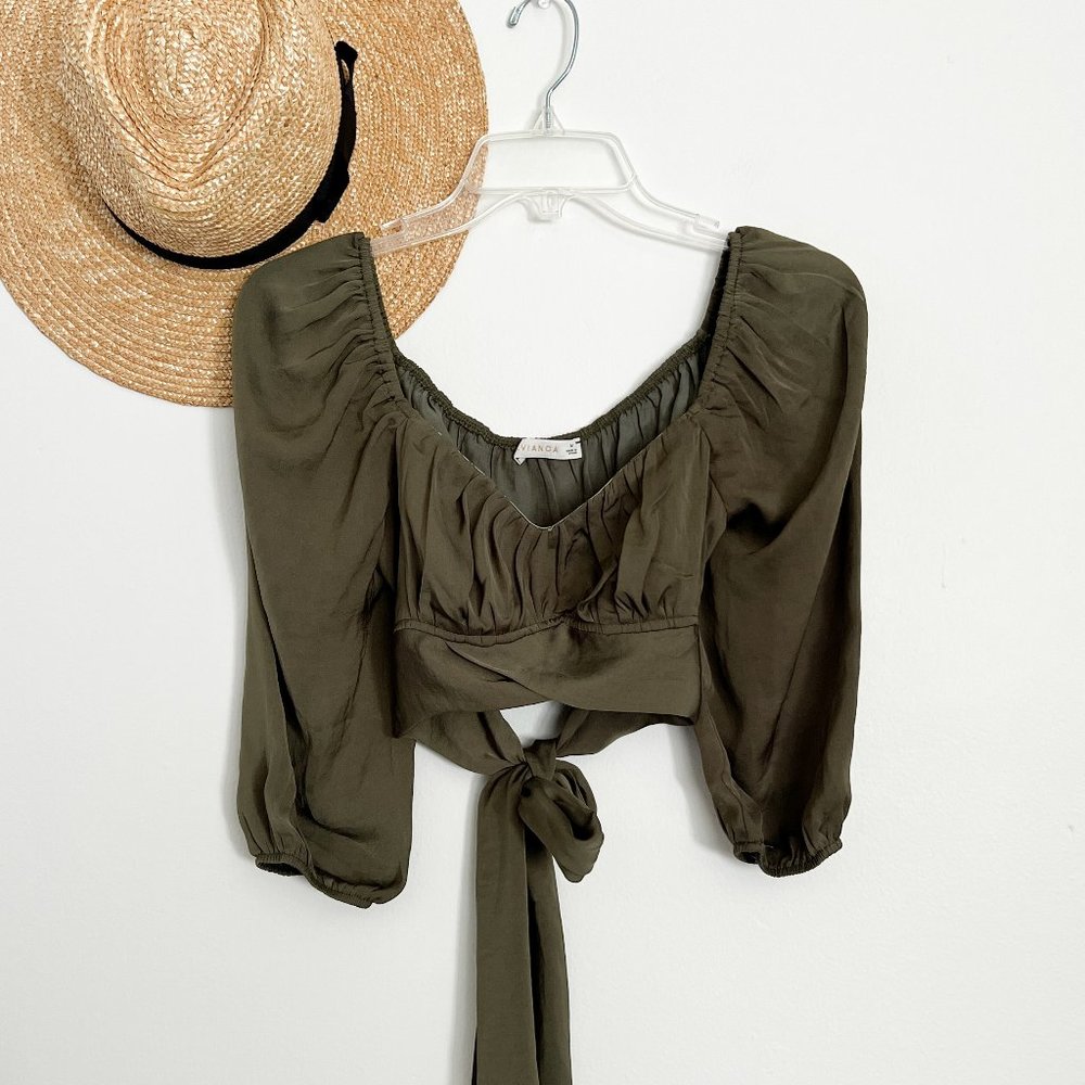 Olive Green Tie-Front Peasant Crop Top